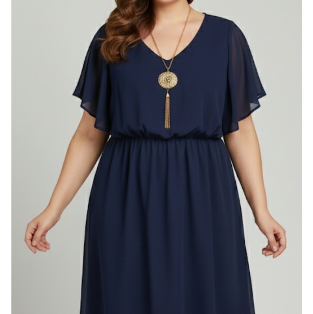 Navy Blue Dress with Gold Pendant Necklace Women's 1XL NWOT Slip-on Plus Size